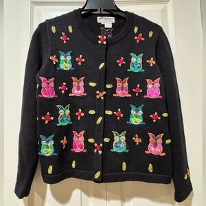 Jack B. Quick 90s Y2K Sequined Beaded Owl Cardigan Sweater Top Sz L. EUC